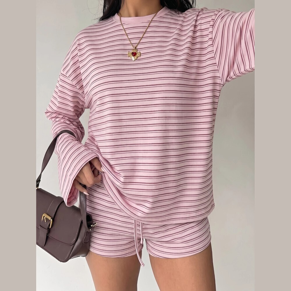 Pink Striped Round Neck Long Sleeve T-Shirt and Drawstring Mini Shorts Set